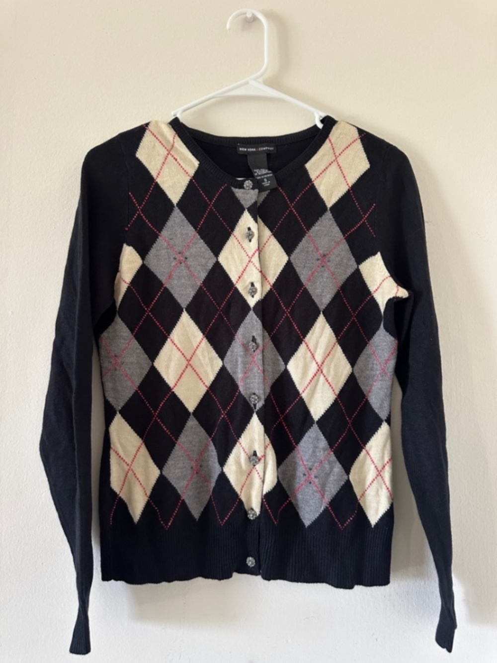 New York & Company Black Argyle Cardigan with Cream and Gray Diamonds